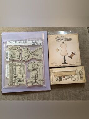 Stampers Anonymous Tim Holtz Sewing Stamps with 2 coordinating Dies Sets. Rare
